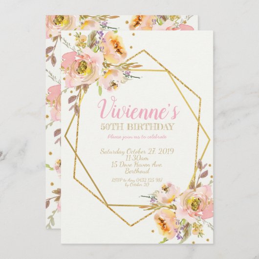 ジオメトリピンク赤面フローラ誕生パーティー50th 招待状 (正面/裏面)