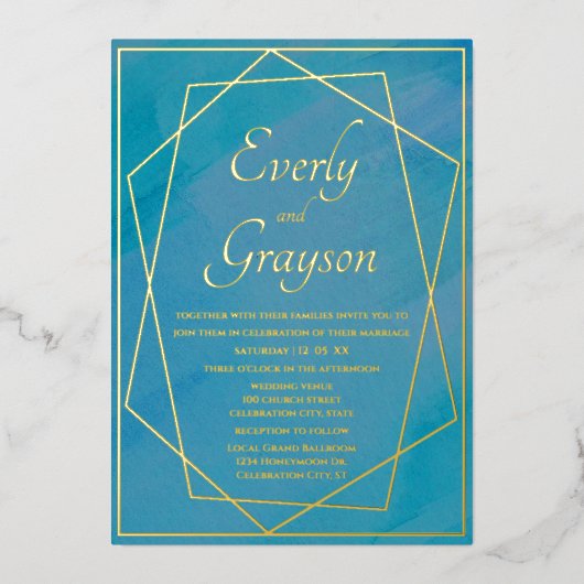 ジオメトリフレームカスタムの任意の結婚色 箔招待状 (正面)