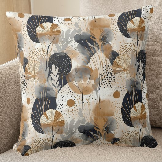 ジオメトリブラックおよび金ゴールド離れフローラ クッション