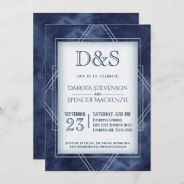 ジオメトリブルーアールデコ |モノグモダンラム結婚ズ 招待状