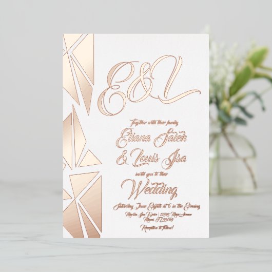 ジオメトリ赤面結婚金ゴールドの押し込み 箔招待状 (立ち正面)