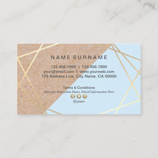 ジオメトリ金ゴールドクラフトプリントパステルブルーロイヤリティ 名刺 (裏面)