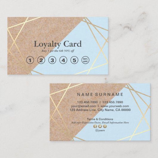 ジオメトリ金ゴールドクラフトプリントパステルブルーロイヤリティ 名刺 (正面/裏面)