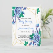 ジオメトリ金ゴールドフレームの青いフローラのベビーシャワー 招待状 (スタンド正面)