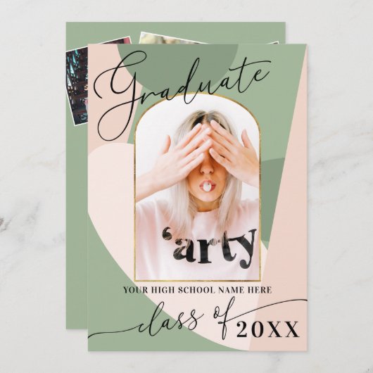 ジオモダンセージグリーンダスティピンク写真卒業 招待状 (正面/裏面)