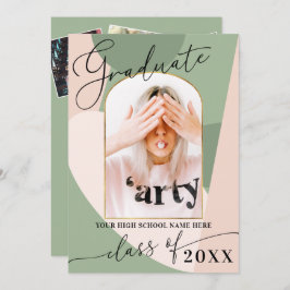 ジオモダンセージグリーンダスティピンク写真卒業 招待状