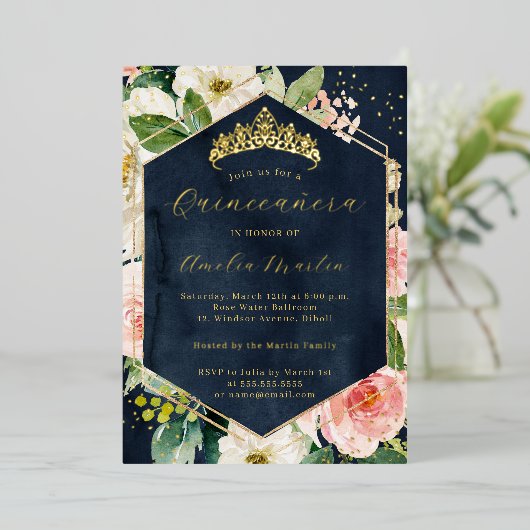 ジオモダン赤面ネイビーフローラキンセアニェラ 箔招待状 (立ち正面)