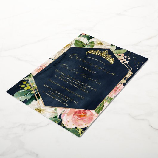 ジオモダン赤面ネイビーフローラキンセアニェラ 箔招待状 (回転した状態)