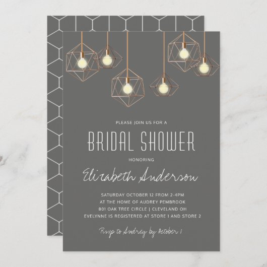 ジオライトグレイ幾何モダンブライダルシャワー 招待状 (正面/裏面)