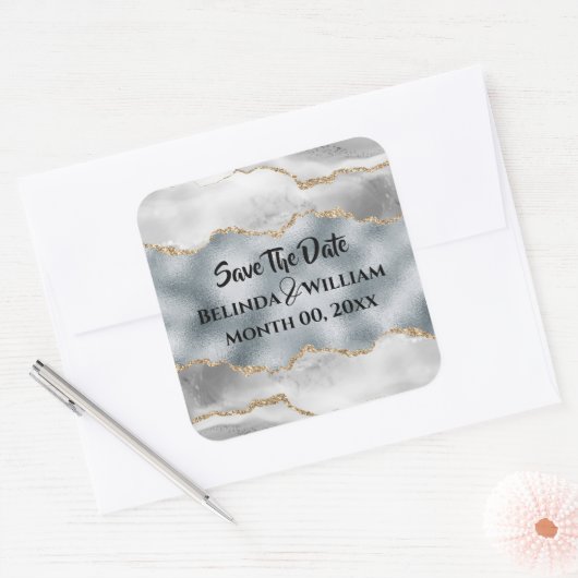 ジオードの偽シルバー ゴールド ホワイト アゲート ウォーターカラー セーブ スクエアシール (封筒)