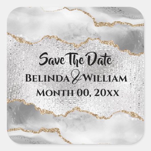 ジオード風のシルバー ゴールド ホワイト アゲート ウォーターカラー シック スクエアシール (正面)