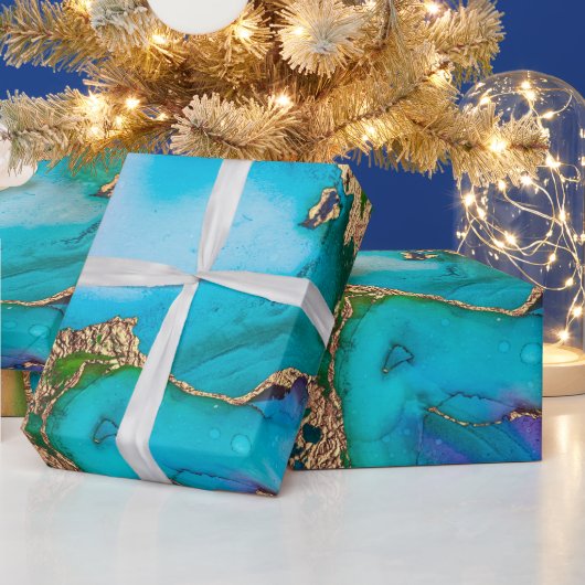 ジオーフェイクド金ゴールド青紫アゲート水彩シック ラッピングペーパー (クリスマス)