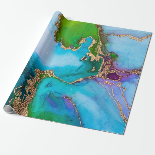 ジオーフェイクド金ゴールド青紫アゲート水彩シック ラッピングペーパー (アンロールド)