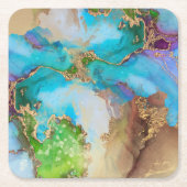 ジオーフェイクド金ゴールド青紫緑水彩画 スクエアペーパーコースター (正面)