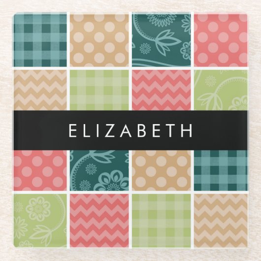 ジグザグシブロン,ギンガム,水玉模様,お名前 ガラスコースター (正面)