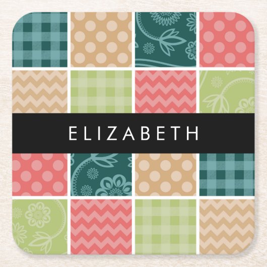 ジグザグシブロン,ギンガム,水玉模様,お名前 スクエアペーパーコースター (正面)