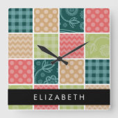 ジグザグシブロン，ギンガム，水玉模様，お名前 スクエア壁時計 (正面)