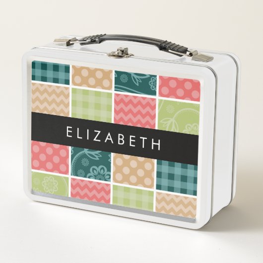 ジグザグシブロン，ギンガム，水玉模様，お名前 メタルランチボックス (正面)