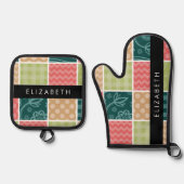 ジグザグシブロン，ギンガム，水玉模様，お名前 鍋つかみ&鍋敷きセット (正面)