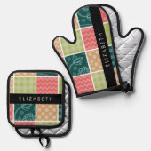 ジグザグシブロン，ギンガム，水玉模様，お名前 鍋つかみ&鍋敷きセット (正面/裏面)