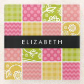ジグザグシブロン，水玉模様，ギンガム，お名前 ガラスコースター (正面)