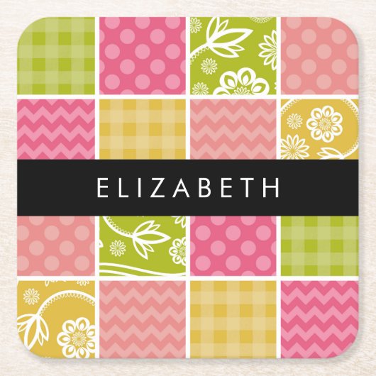 ジグザグシブロン,水玉模様,ギンガム,お名前 スクエアペーパーコースター (正面)