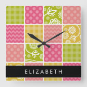ジグザグシブロン,水玉模様,ギンガム,お名前 スクエア壁時計 (正面)