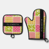 ジグザグシブロン，水玉模様，ギンガム，お名前 鍋つかみ&鍋敷きセット (正面)