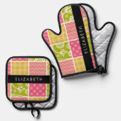 ジグザグシブロン，水玉模様，ギンガム，お名前 鍋つかみ&鍋敷きセット (正面/裏面)