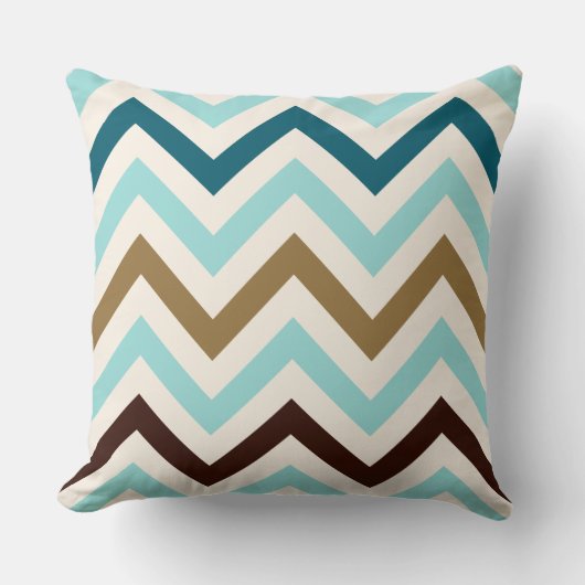 ジグザグパターンのクリームのティール(緑がかった色)の金ゴールドブラウン クッション (正面)