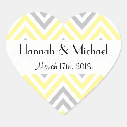 ジグザグパターン、シェブロン、黄色、灰色、ウェディング ハートシール (正面)