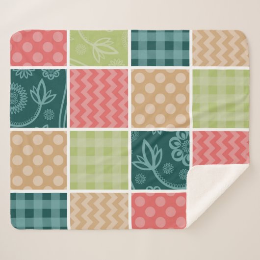 ジグザグ、シェブロン、ギンガム、水玉模様、パッチワーク シェルパブランケット (正面(横))