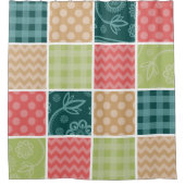 ジグザグ、シェブロン、ギンガム、水玉模様、パッチワーク シャワーカーテン (正面)