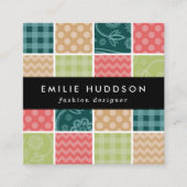 ジグザグ、シェブロン、ギンガム、水玉模様、パッチワーク スクエア名刺 (正面)