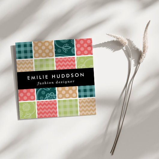 ジグザグ、シェブロン、ギンガム、水玉模様、パッチワーク スクエア名刺