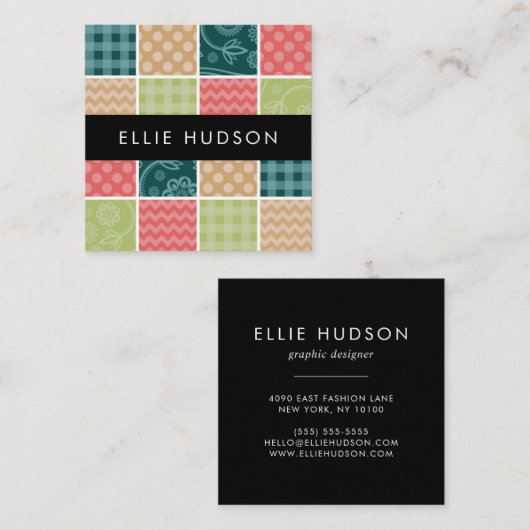 ジグザグ、シェブロン、ギンガム、水玉模様、パッチワーク スクエア名刺 (正面/裏面)