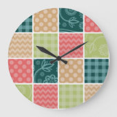 ジグザグ、シェブロン、ギンガム、水玉模様、パッチワーク ラージ壁時計 (正面)
