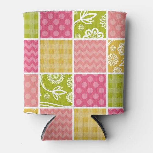 ジグザグ、シェブロン、水玉模様、ギンガム、パッチワーク 缶クーラー (正面)