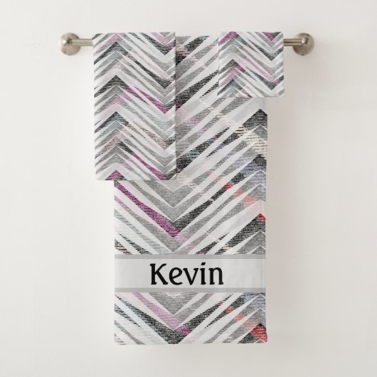 ジグザグ、幾何学的、グレー、薄紫、ピンク、黒、ストリップ バスタオルセット (インサイチュ)