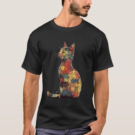 ジグソーパズルの猫アート Tシャツ (正面)