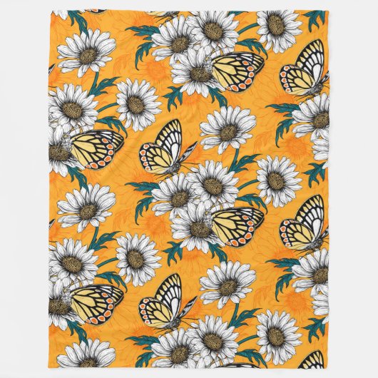 ジゼベルの蝶とデイジーの花 フリースブランケット (正面)