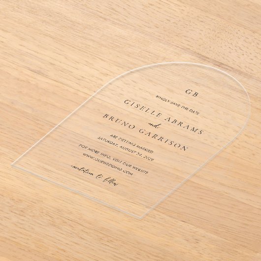 ジゼルモノグラムエレガントな結婚式日付を保存 アクリル招待状 (レイダウン)