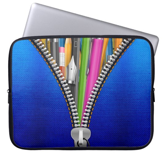 ジッパーグラフィック付きデニムノートブックバッグ ラップトップスリーブ (正面)