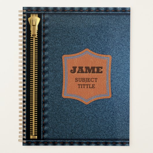 ジップ付きブルーデニム生地とラベル付きジーン生地 プランナー手帳 (正面)