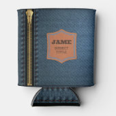 ジップ付きブルーデニム生地とラベル付きジーン生地 缶クーラー (正面)