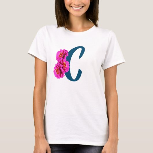 ジニアの花のモノグラムイニシャルC Tシャツ (正面)