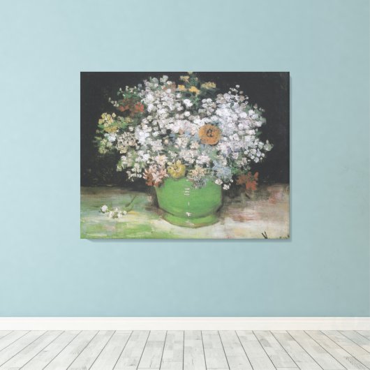 ジニアスとその他の花をボウルに キャンバスプリント (インサイチュ (ウッドフロア))