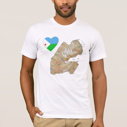 ジブチ国旗のハートと地図Tシャツ Tシャツ (正面)