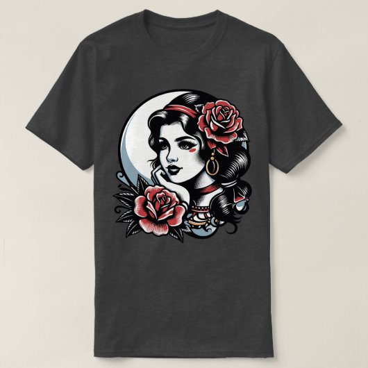 ジプシーガールアメリカン伝統的タトゥースタイル Tシャツ (デザイン正面)