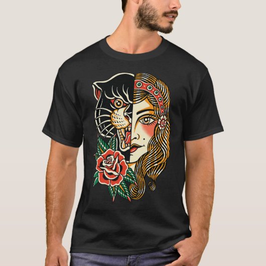 ジプシーパンサーアメリカ伝統的タトゥーインクオールド Tシャツ (正面)